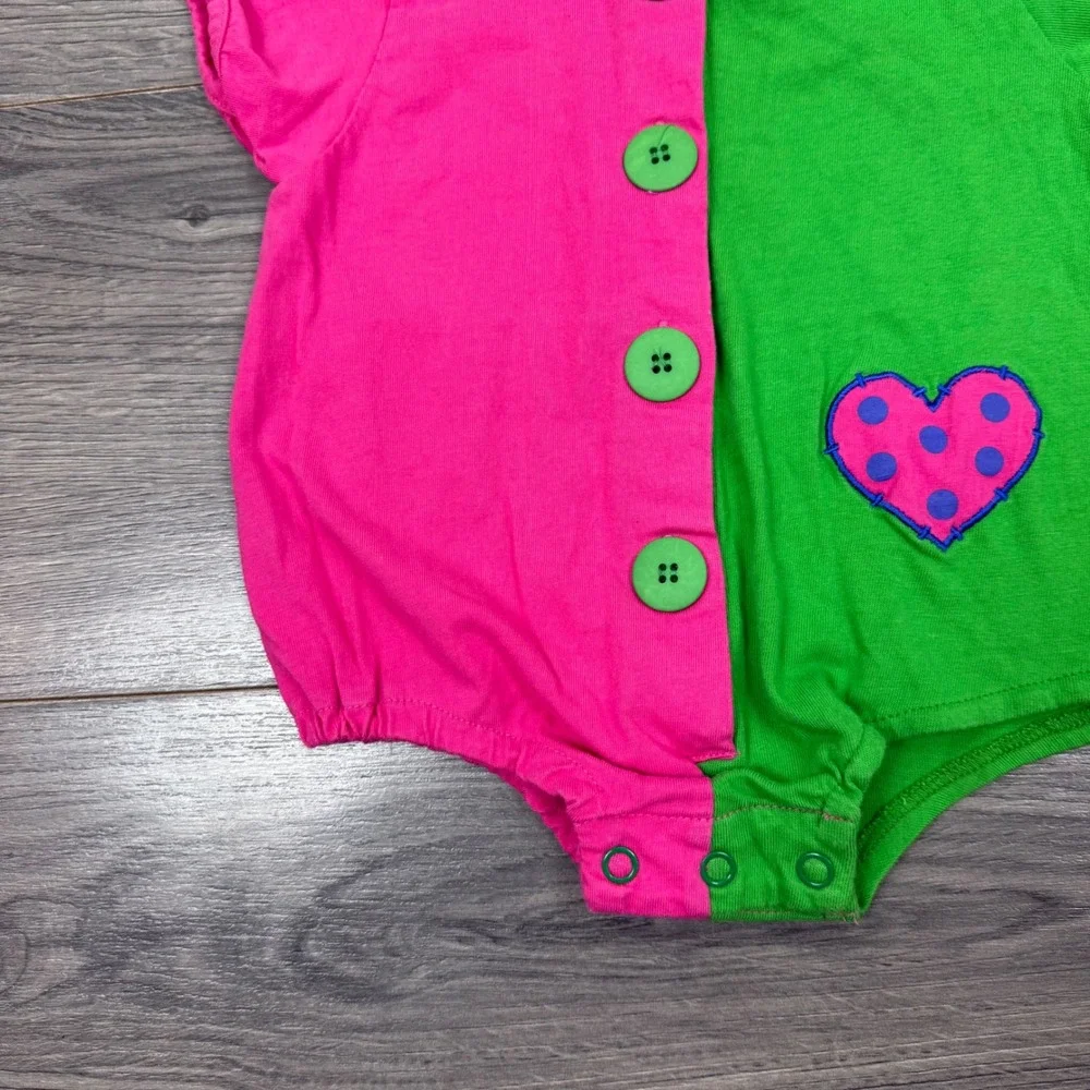 Vintage 1991 Basics by City Kids Pink Green Colorblock Heart Bodysuit Size 3M